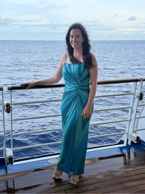 Cache Maxi Gown Formal Slip Dress Pure Silk Beaded Sequin Teal Blue New Large